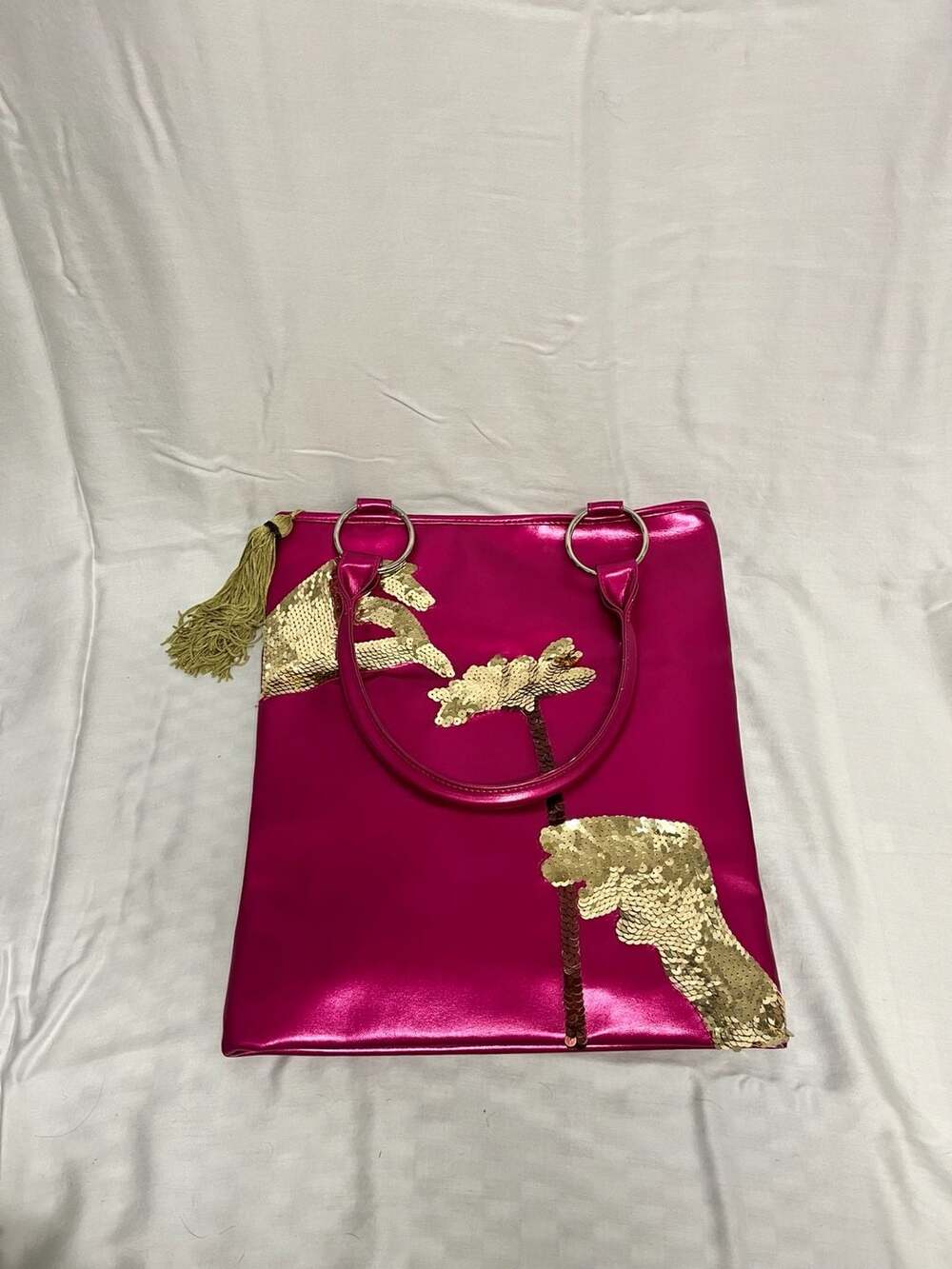 Transversion Hot Pink Metallic Tote Bag Gold Sequin Flower Applique and Tassel
